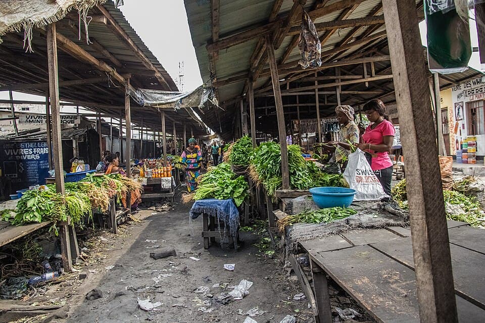 Photo : OussamaHamama, CC BY-SA 4.0, via Wikimedia Commons Étals de légumes dans un marché de Kinshasa